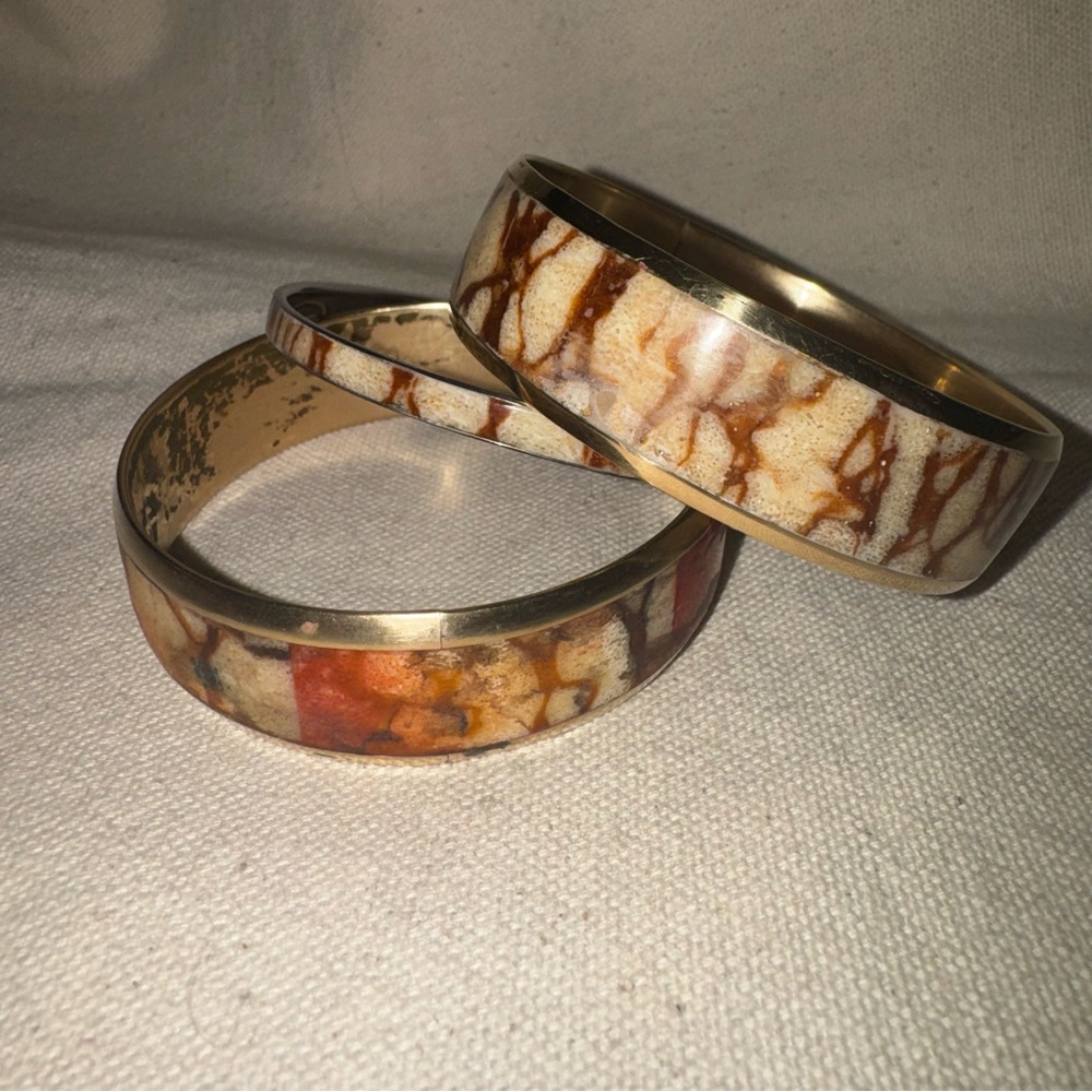 Set of 3 Vintage 1980s Brass & Silver Tone Inlaid Bone  Bracelets